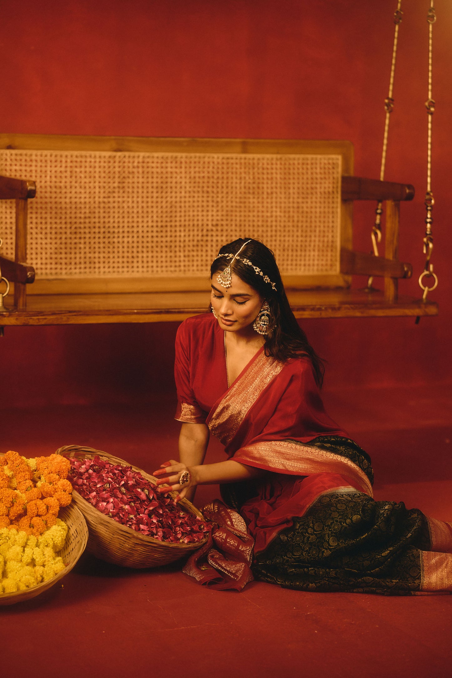 Maroon and Dark Green Viscose Saree with Golden Floral Jacquard Border
