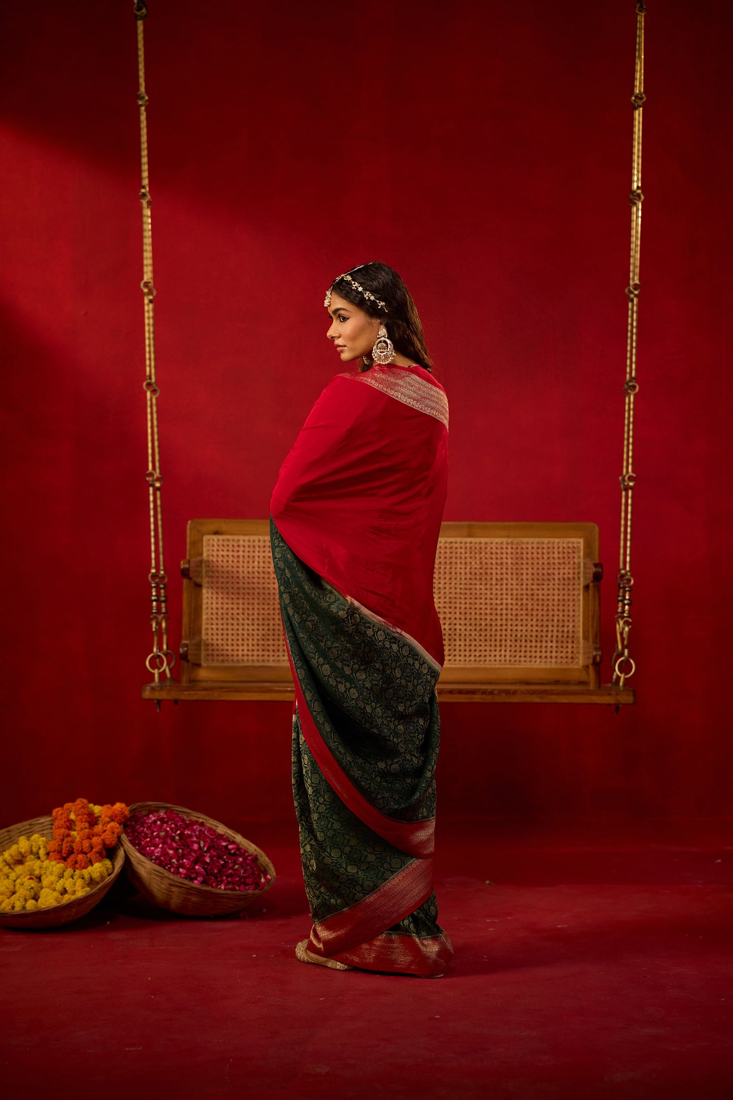 Maroon and Dark Green Viscose Saree with Golden Floral Jacquard Border