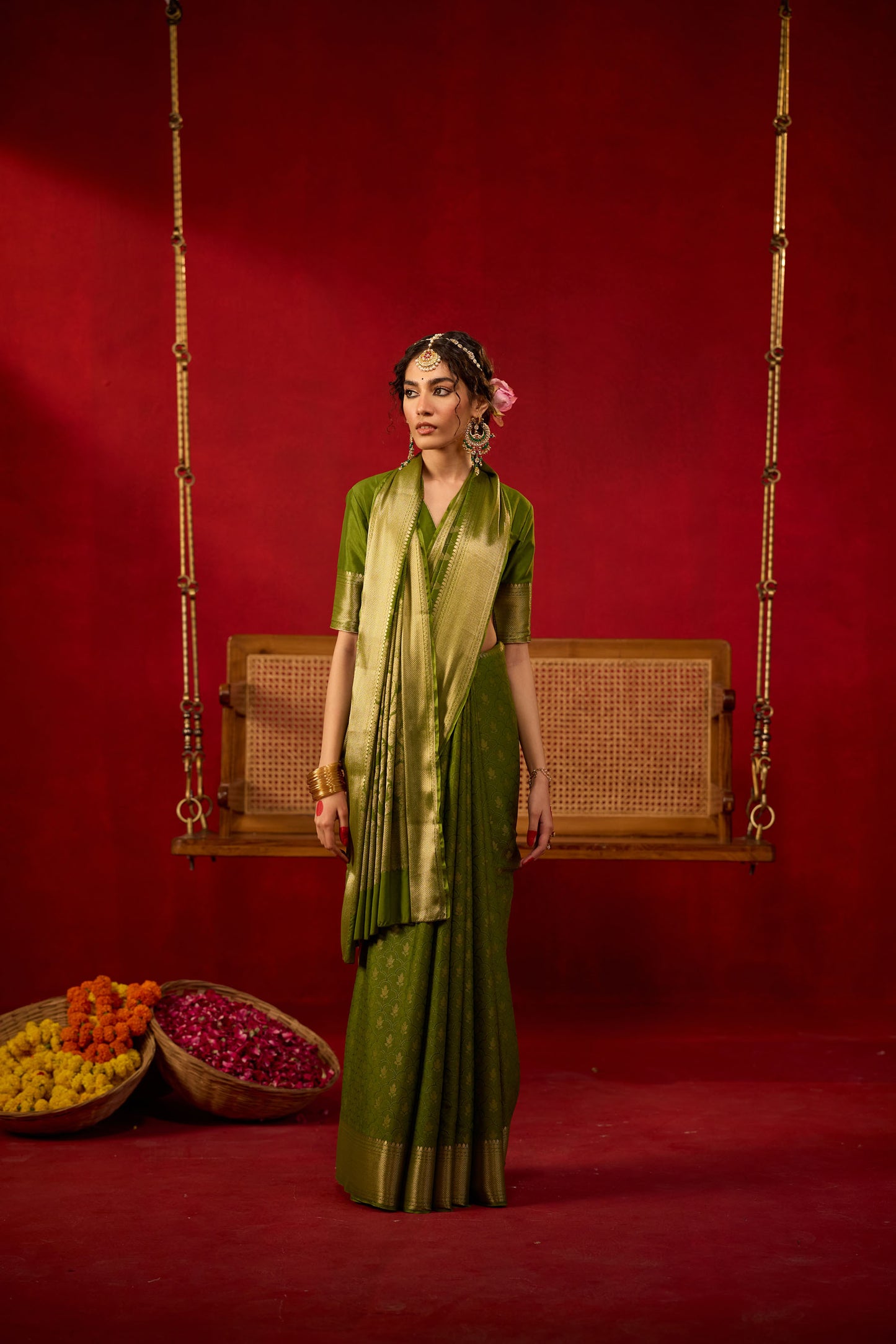 Olive Green Viscose Saree with Golden Jacquard Border
