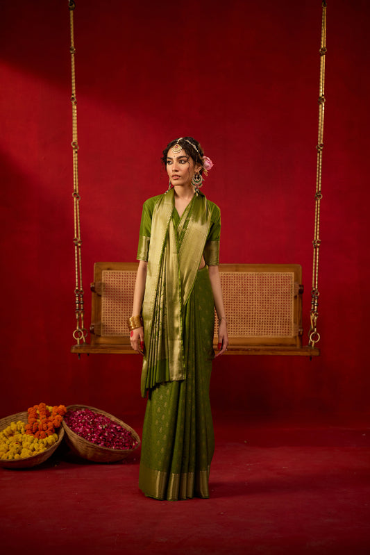 Olive Green Viscose Saree with Golden Jacquard Border