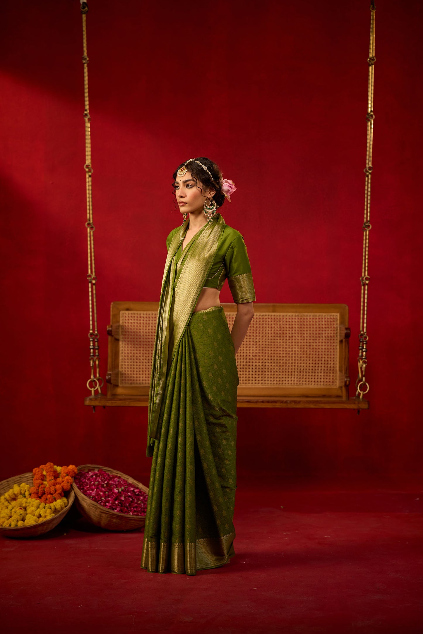 Olive Green Viscose Saree with Golden Jacquard Border