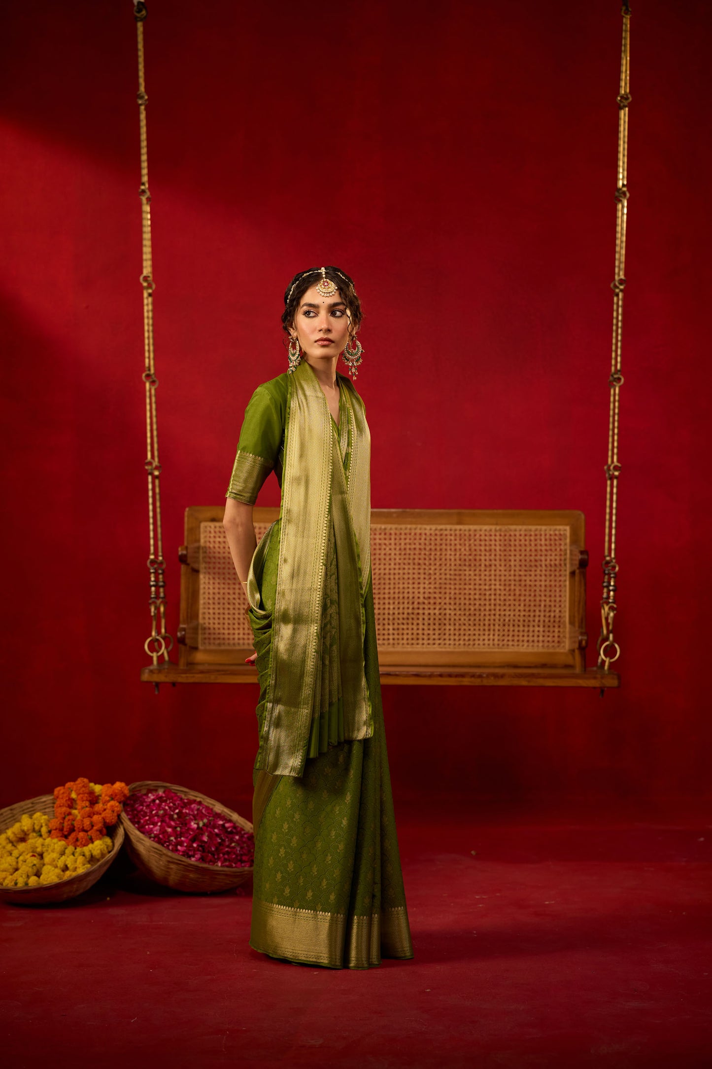 Olive Green Viscose Saree with Golden Jacquard Border