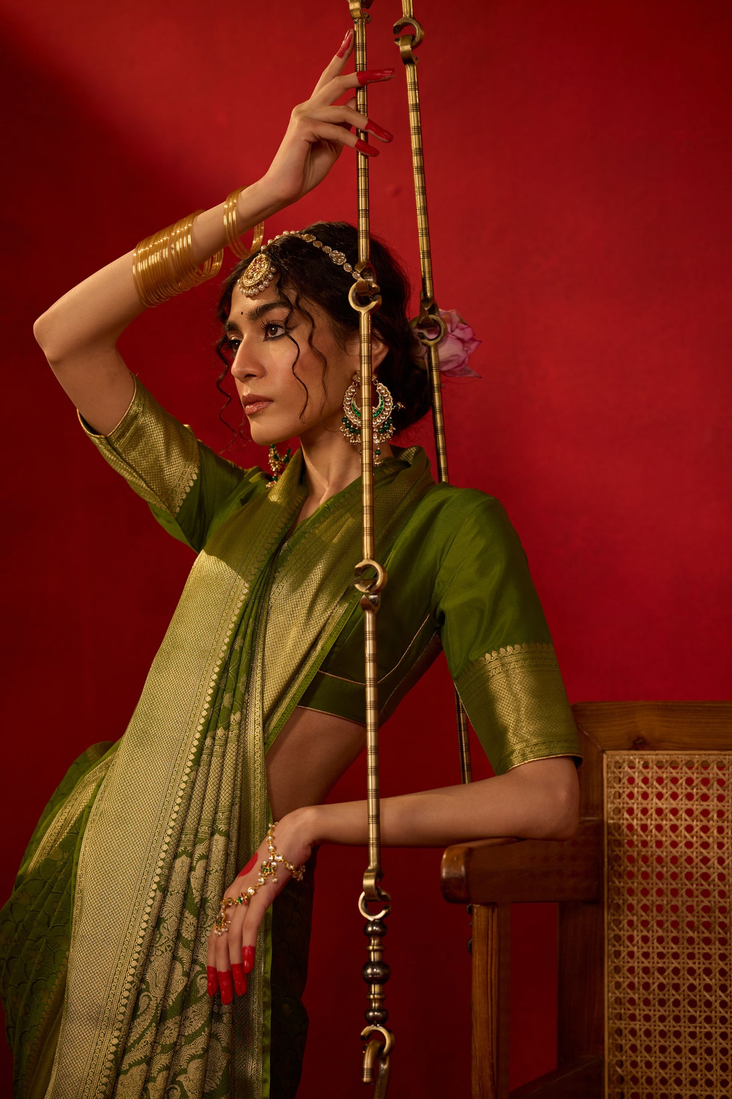 Olive Green Viscose Saree with Golden Jacquard Border