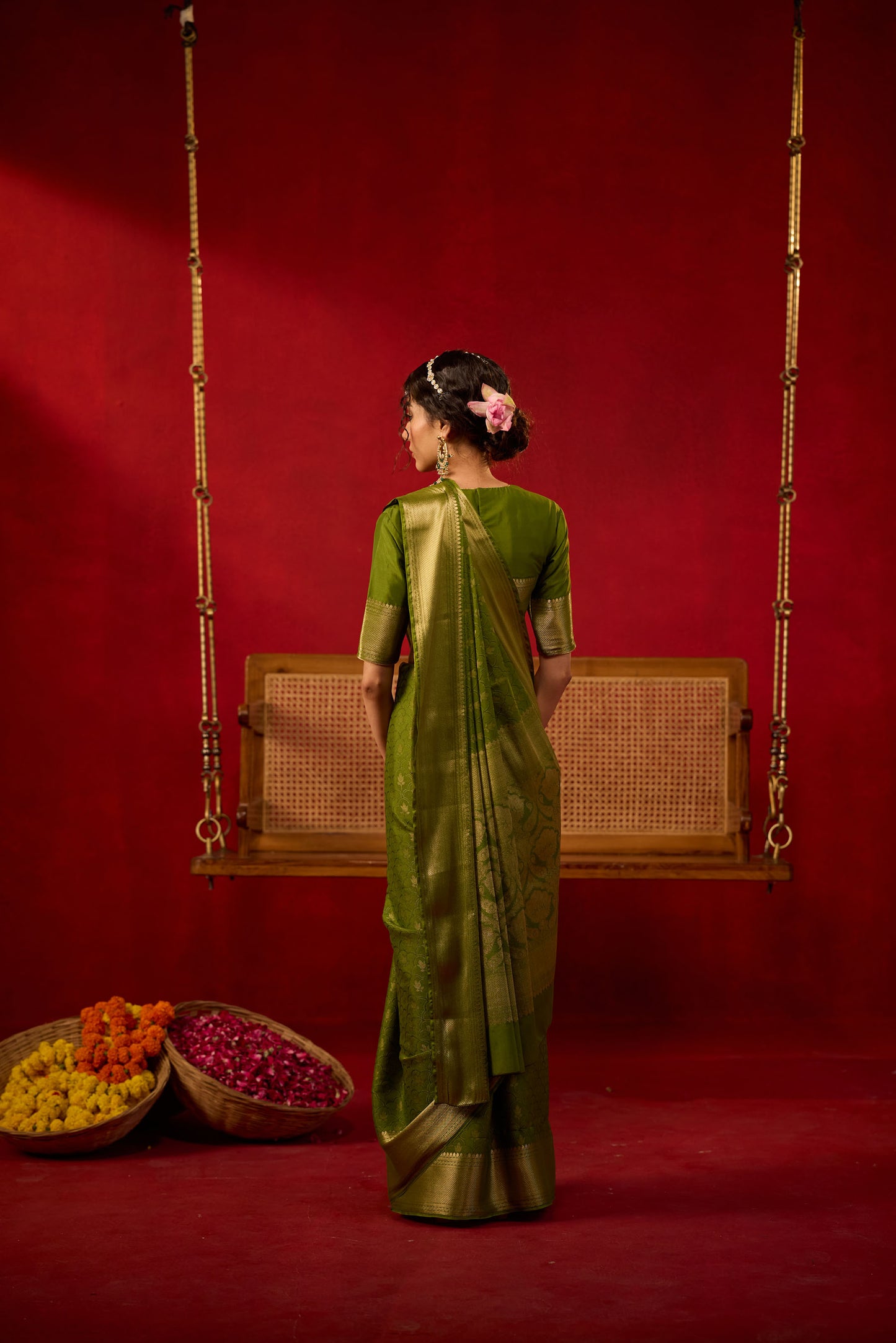 Olive Green Viscose Saree with Golden Jacquard Border