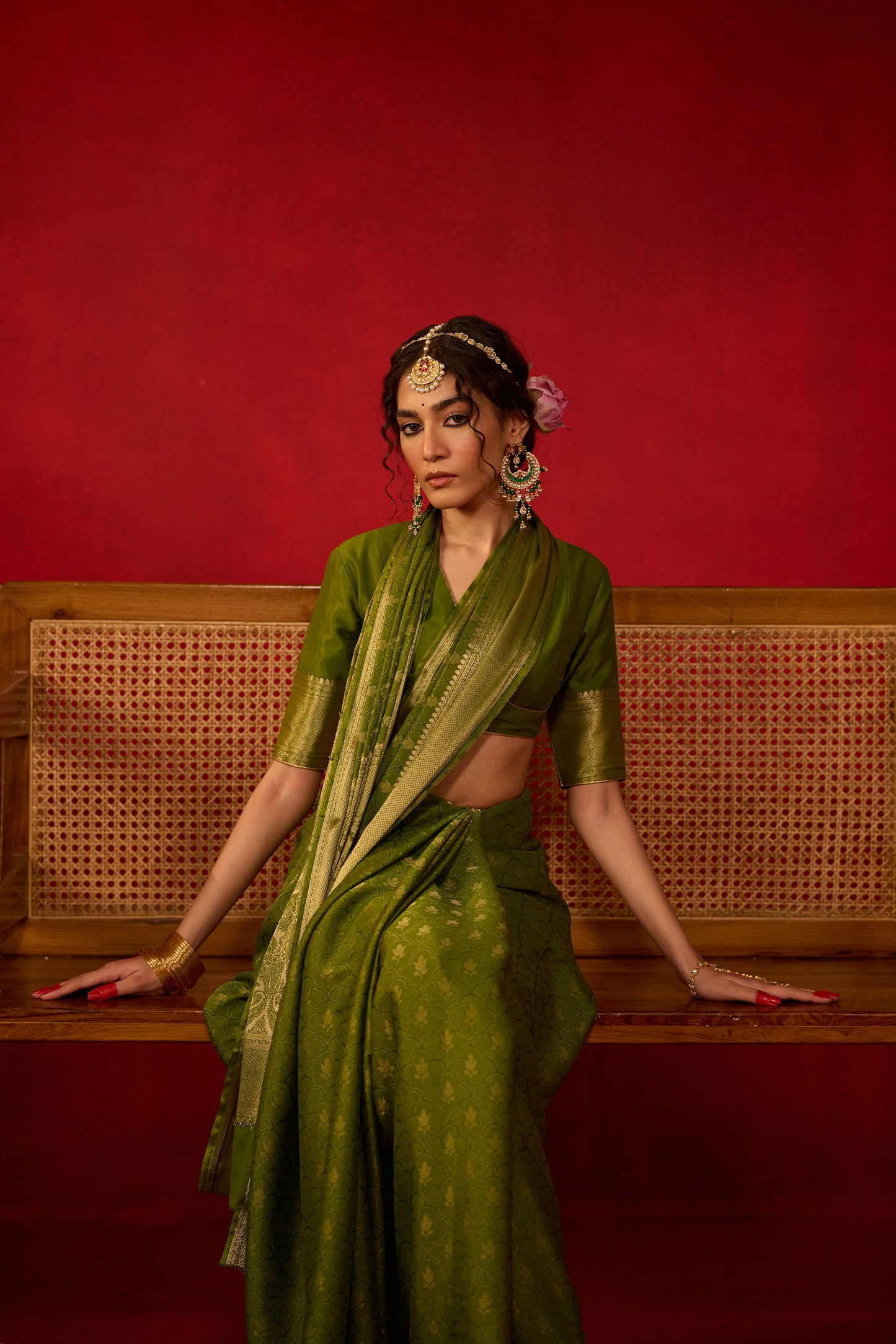 Olive Green Viscose Saree with Golden Jacquard Border