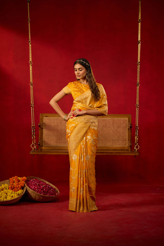 Golden Mustard Viscose Saree with Intricate Zari Work