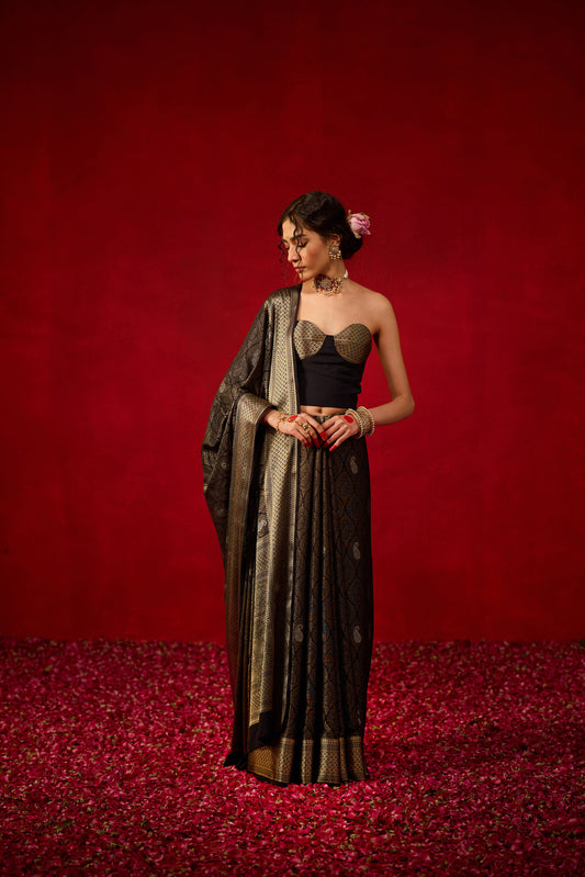 Black Viscose Jacquard Saree with Gold Zari Paisley Weave & Rich Border