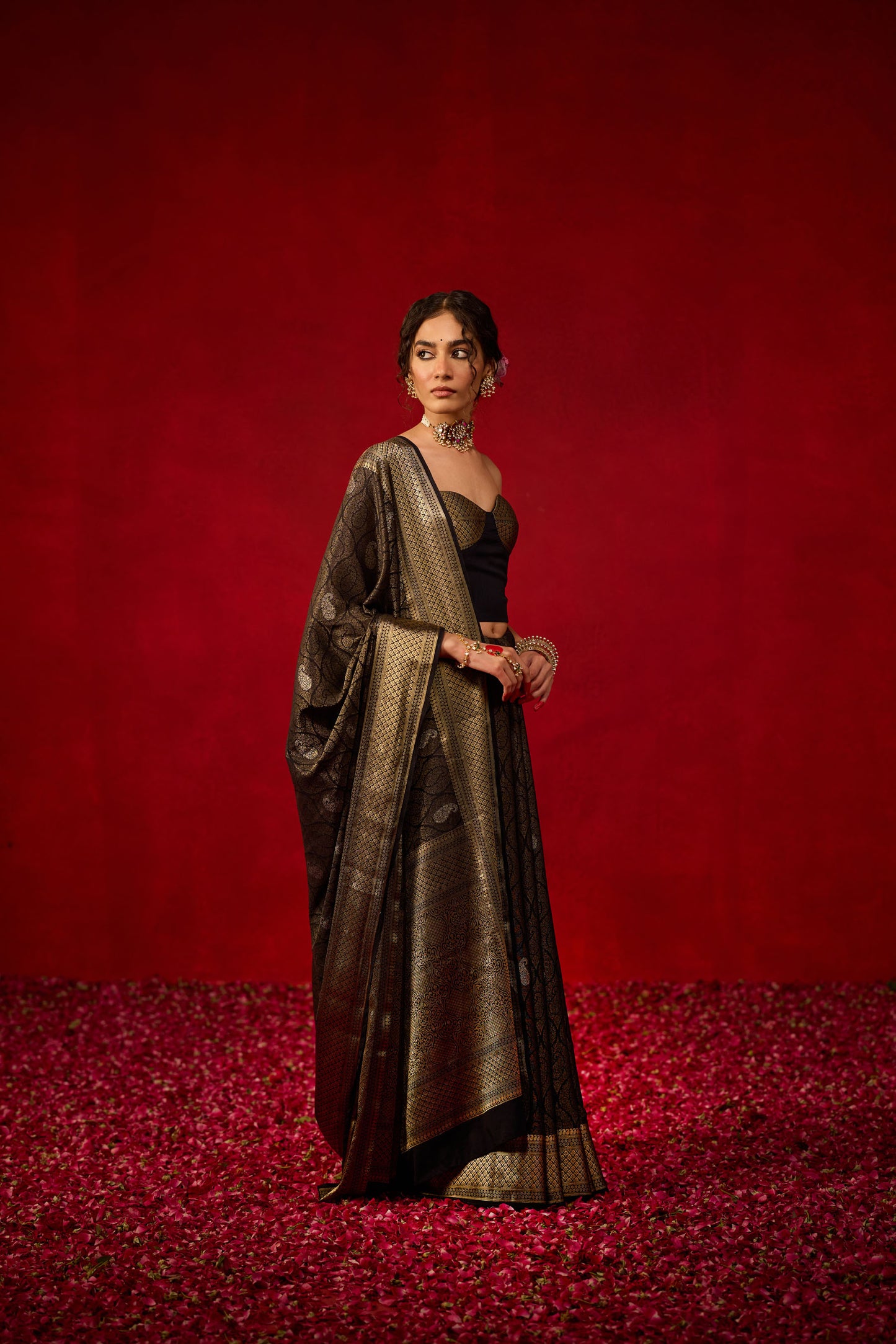 Black Viscose Jacquard Saree with Gold Zari Paisley Weave & Rich Border