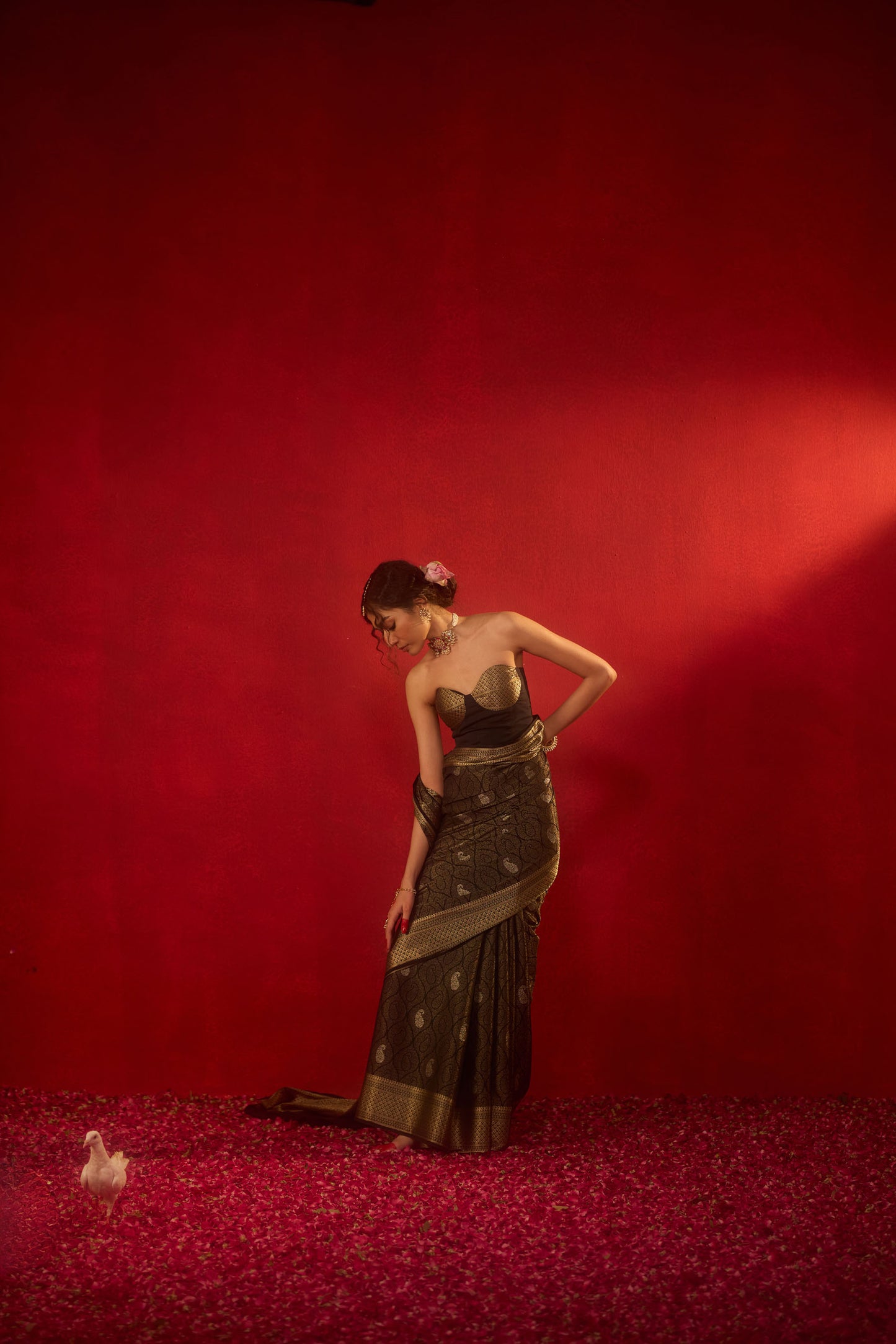 Black Viscose Jacquard Saree with Gold Zari Paisley Weave & Rich Border
