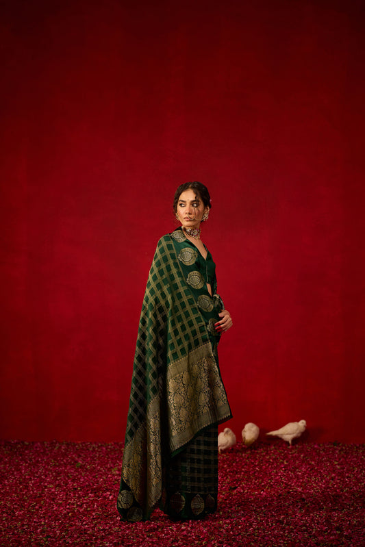 Bottle Green Checked Viscose Saree with Zari Butta Work