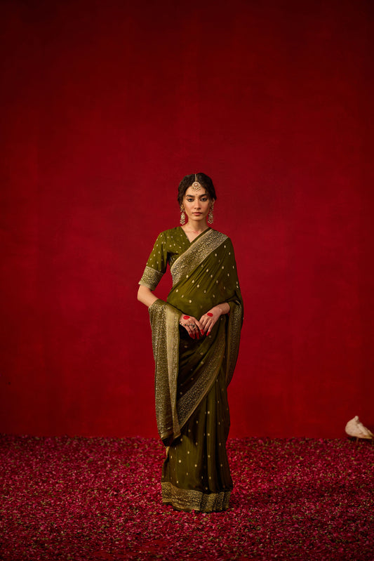 Olive Green Viscose Saree with Antique Zari Detailing