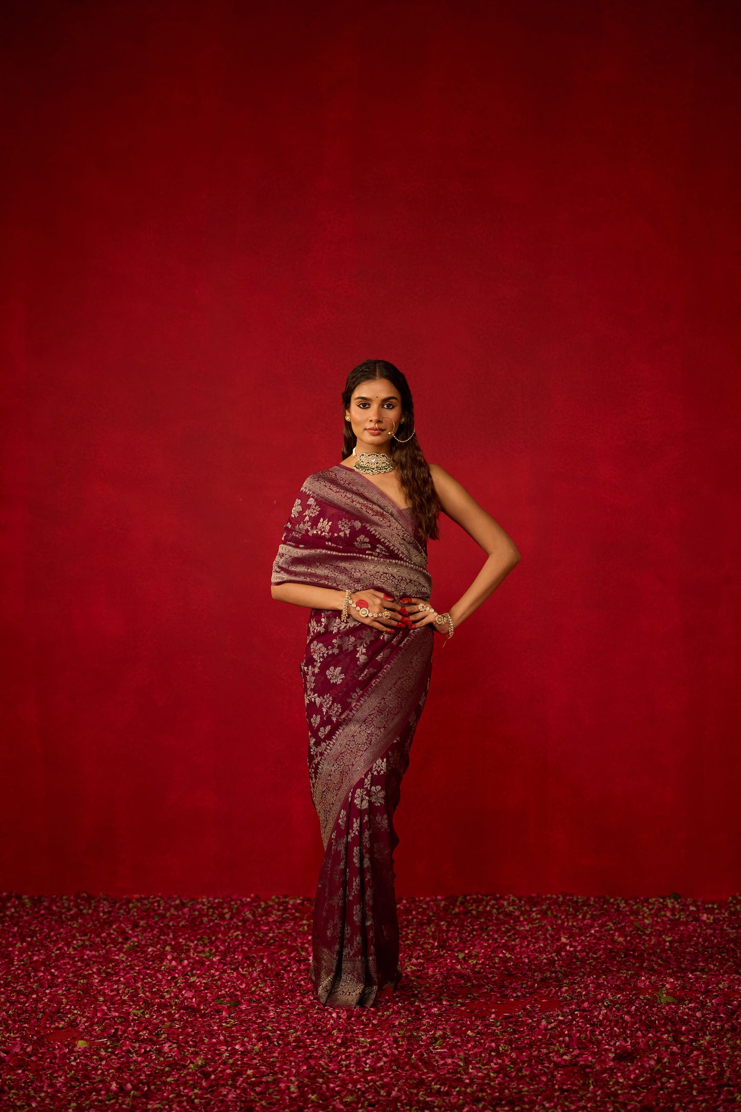 Wine Viscose Saree with All-Over Silver Zari Work