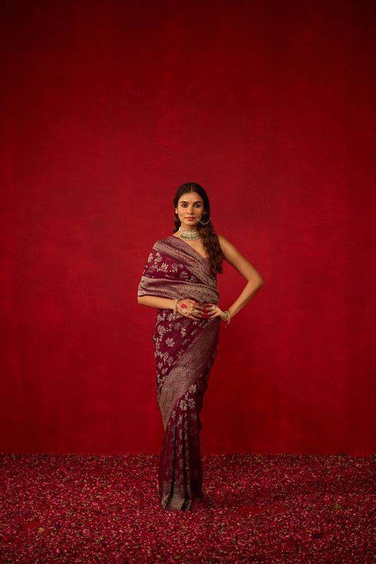 Wine Viscose Saree with All-Over Silver Zari Work