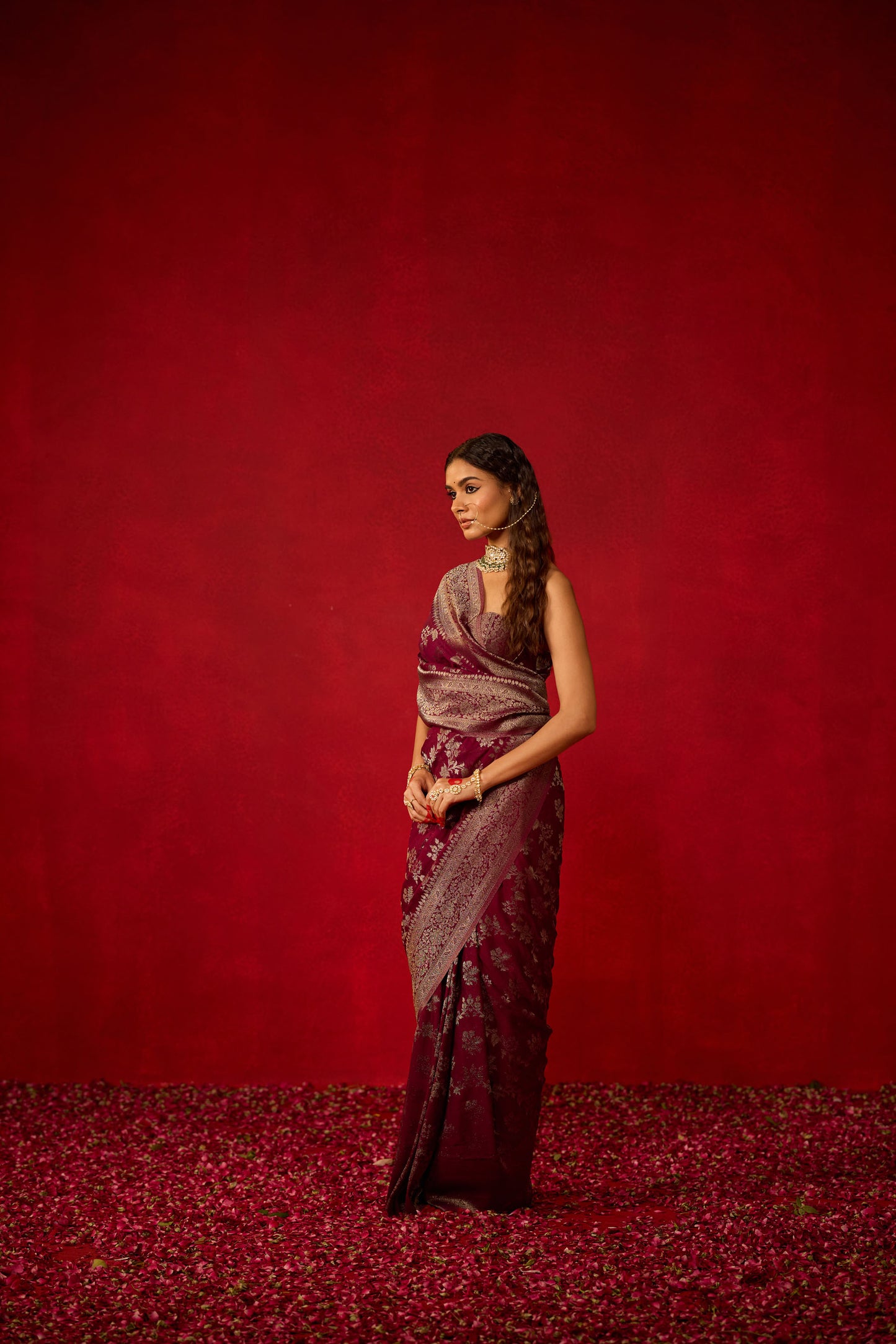 Wine Viscose Saree with All-Over Silver Zari Work
