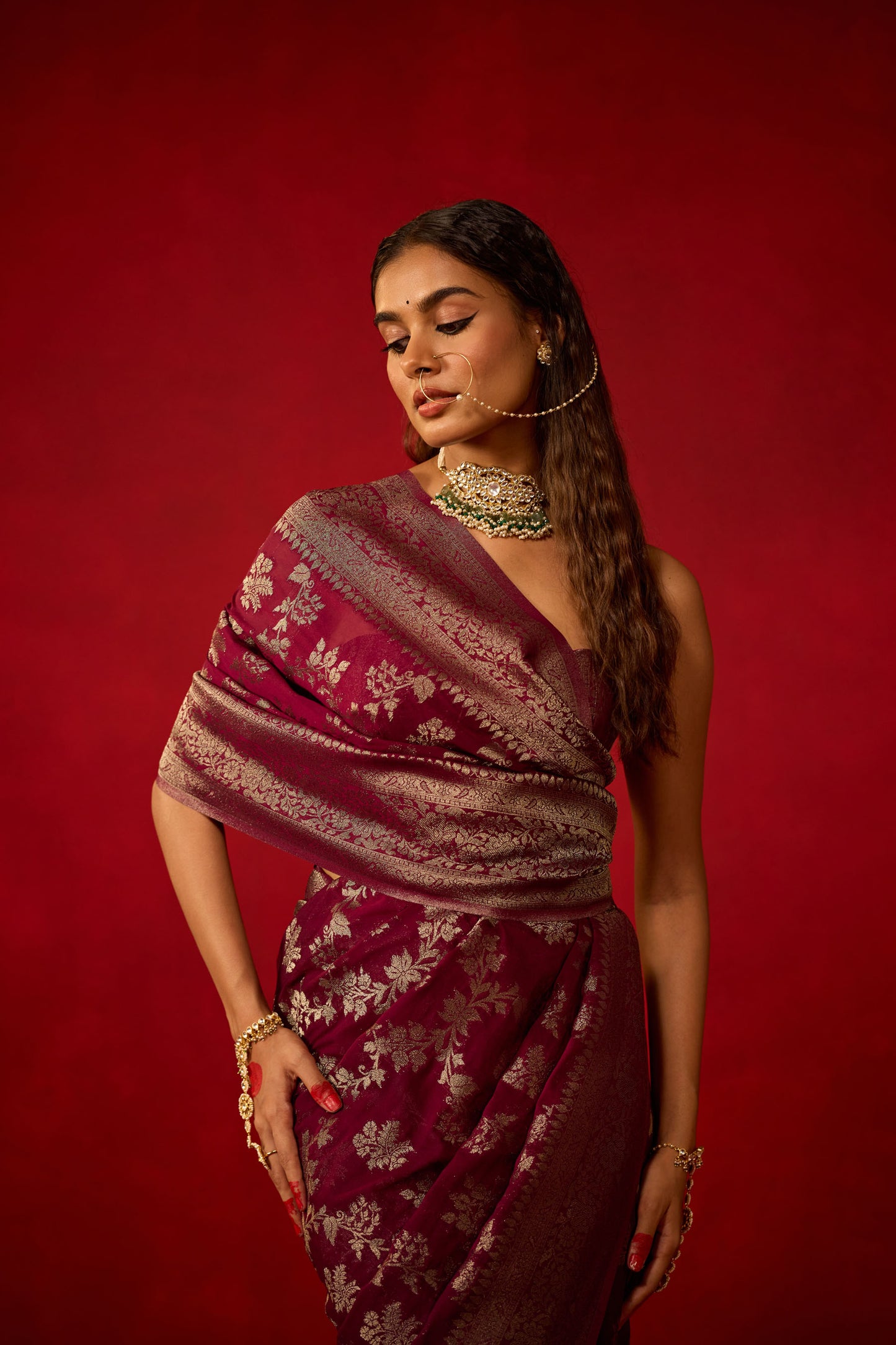 Wine Viscose Saree with All-Over Silver Zari Work