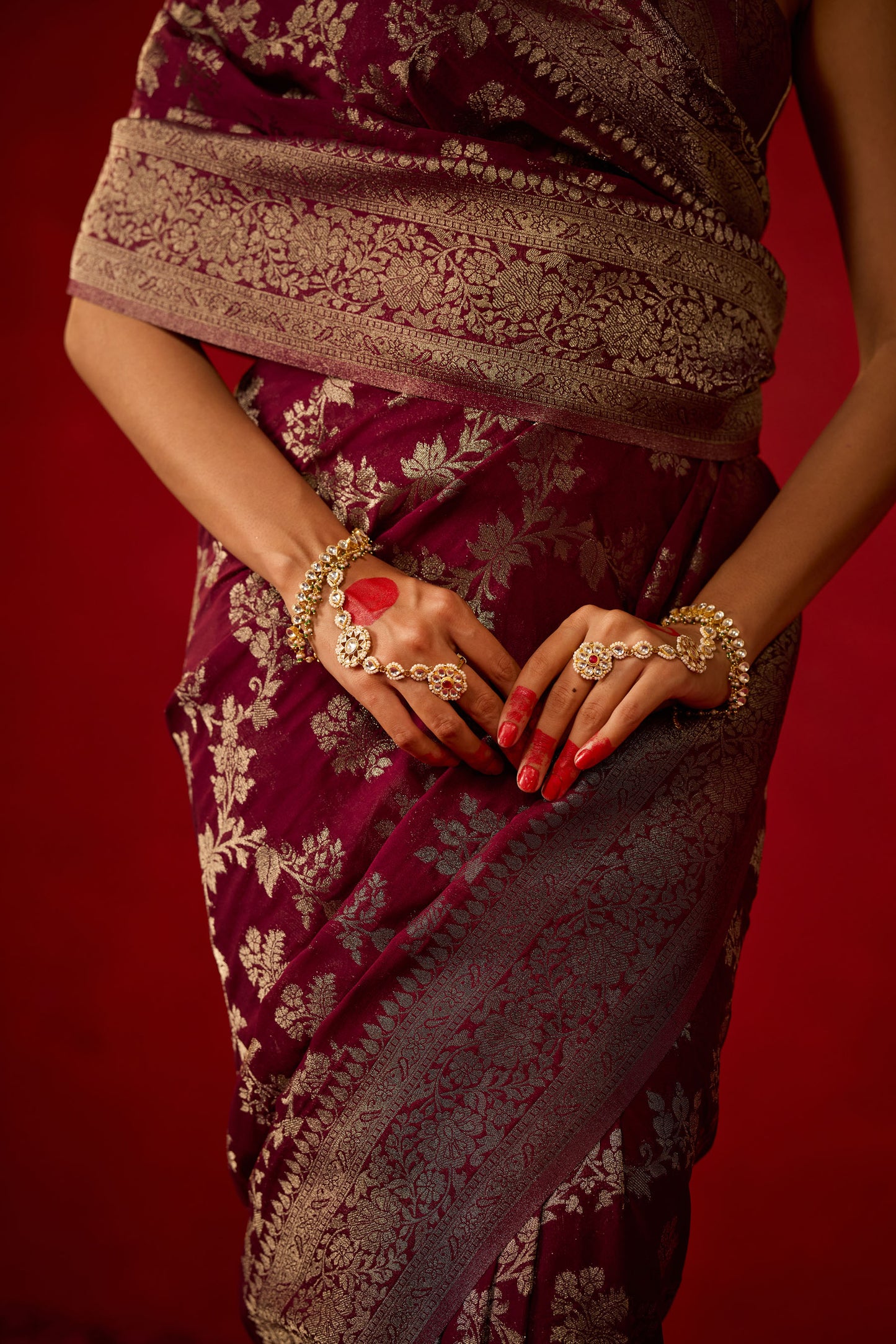 Wine Viscose Saree with All-Over Silver Zari Work