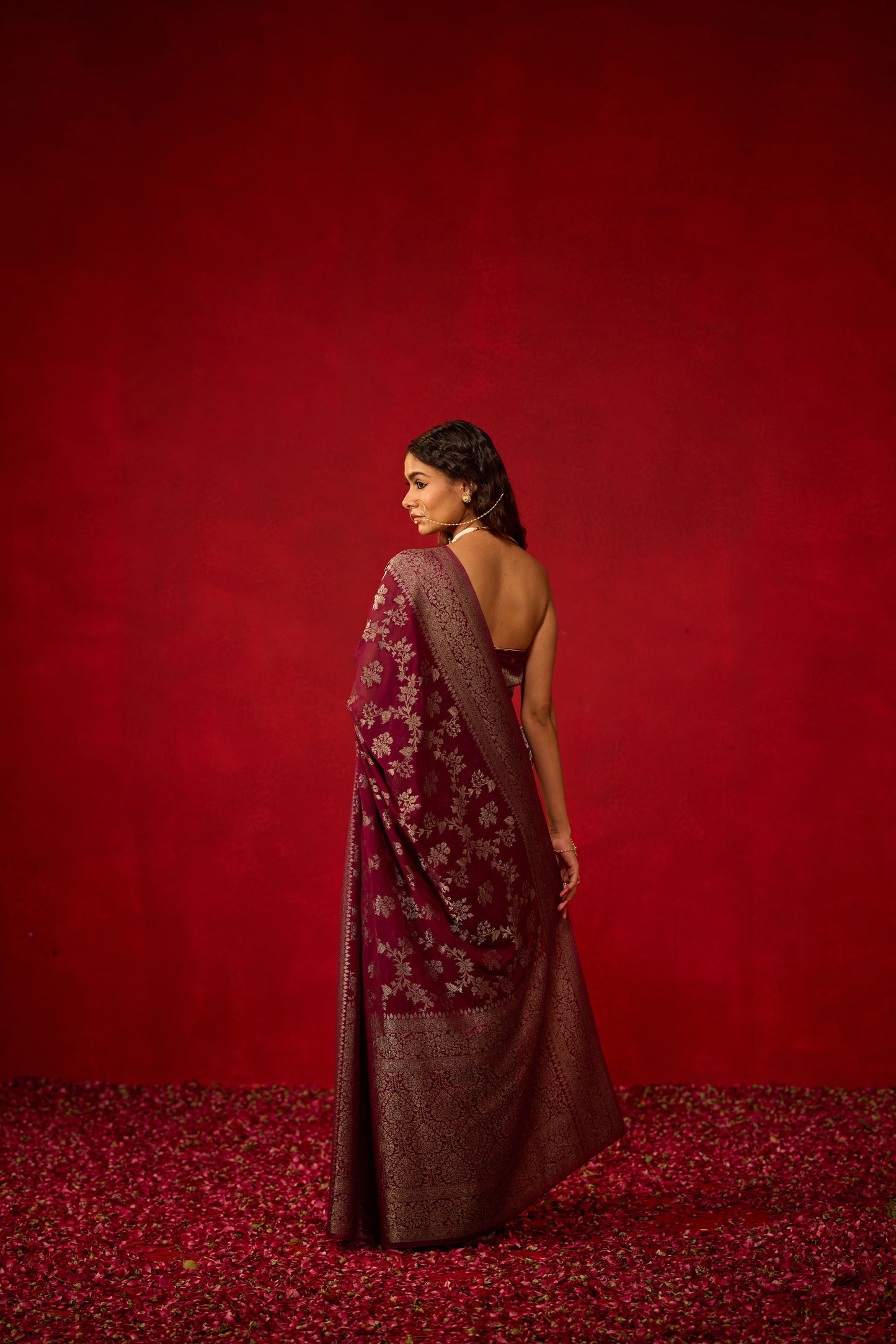 Wine Viscose Saree with All-Over Silver Zari Work