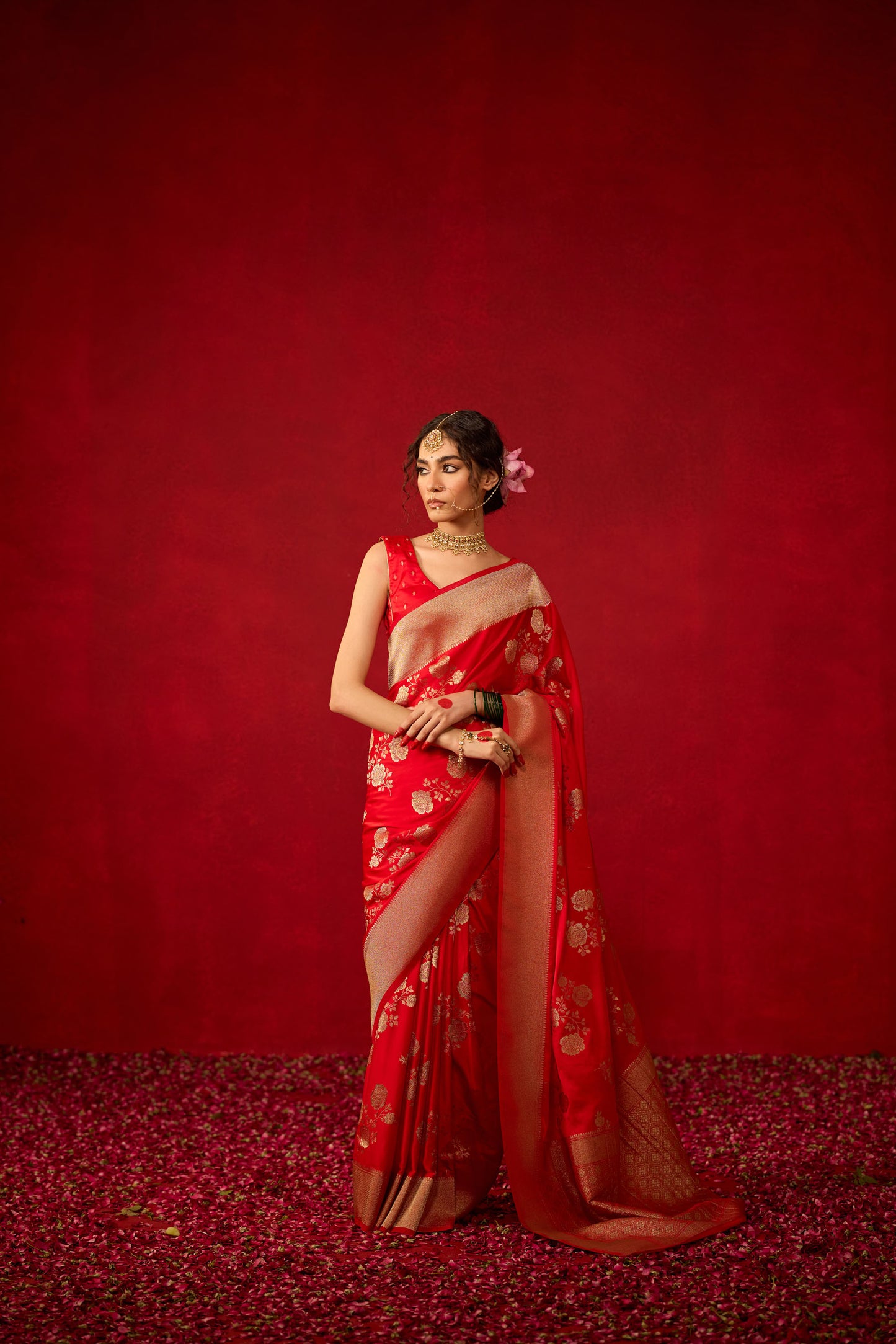 Red Viscose Saree with Heavy Zari Floral Work