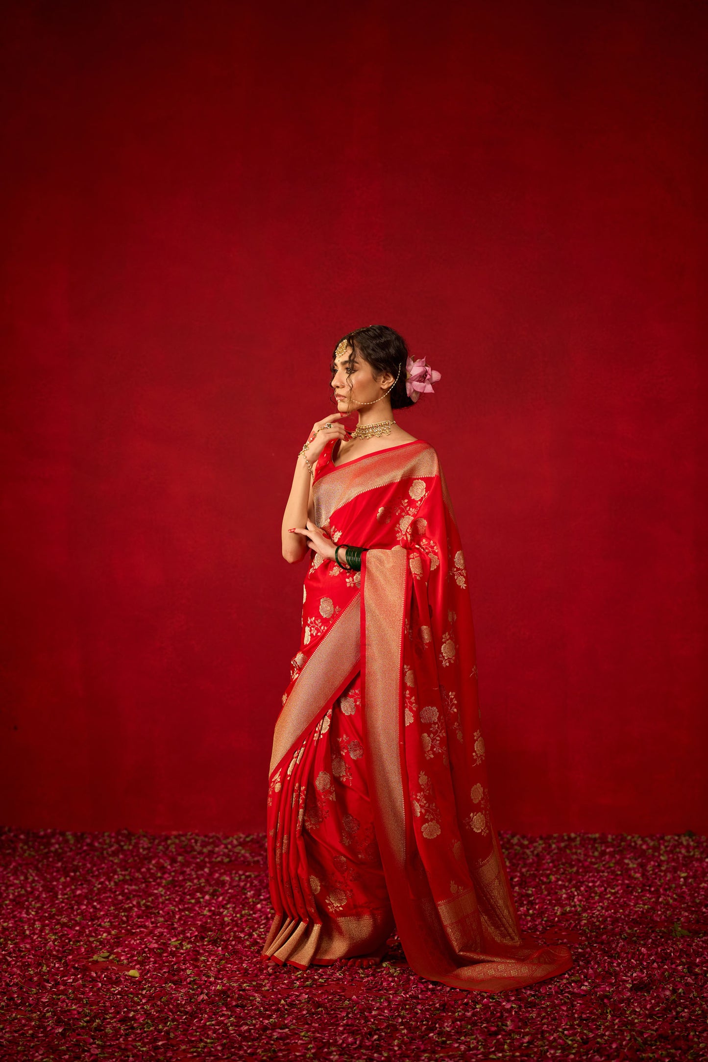 Red Viscose Saree with Heavy Zari Floral Work