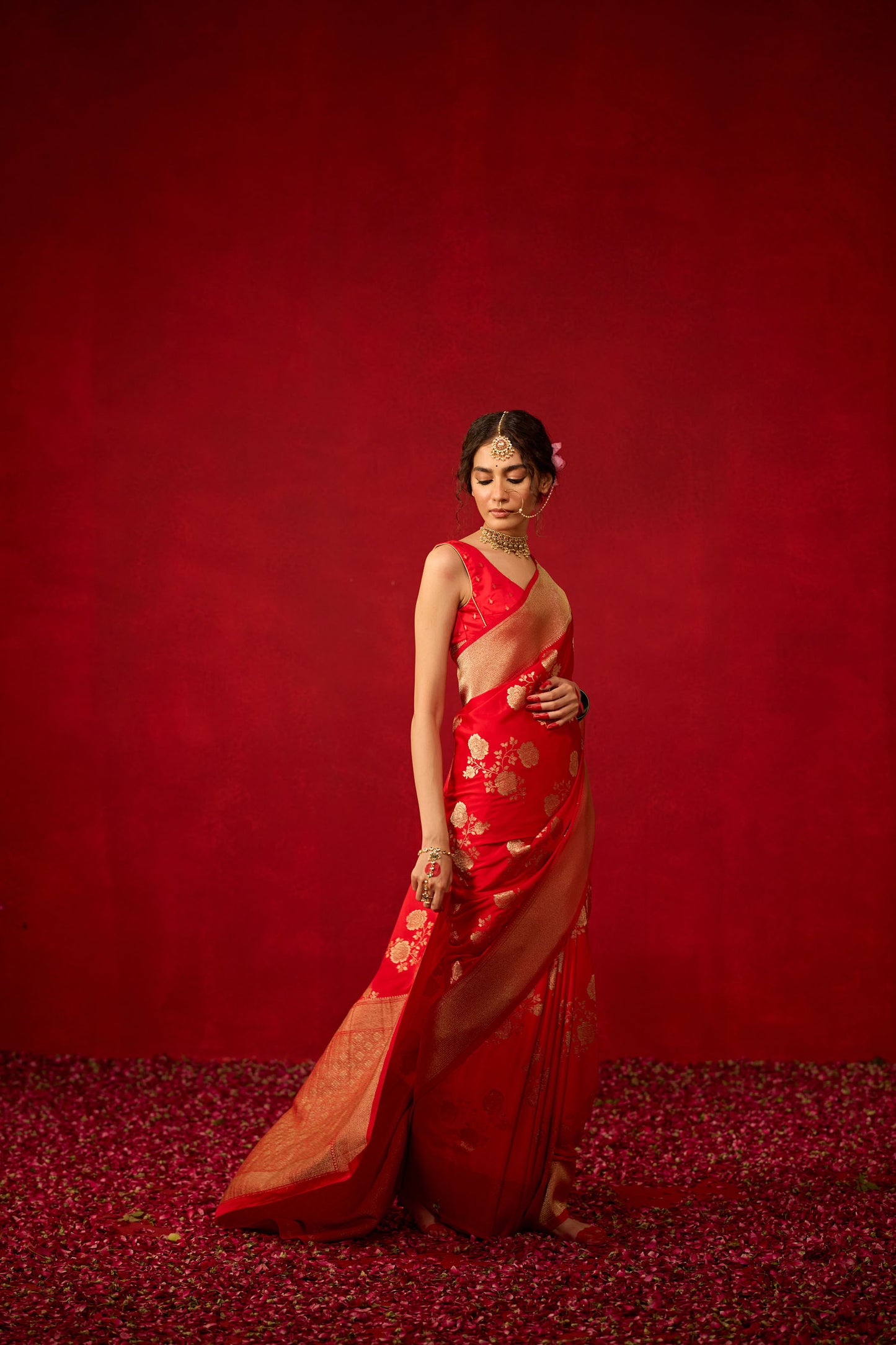 Red Viscose Saree with Heavy Zari Floral Work