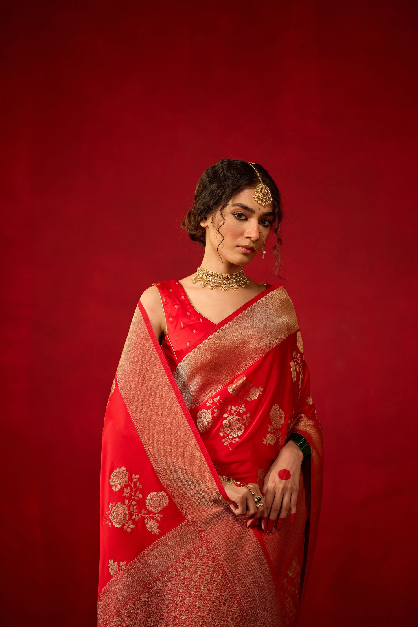 Red Viscose Saree with Heavy Zari Floral Work