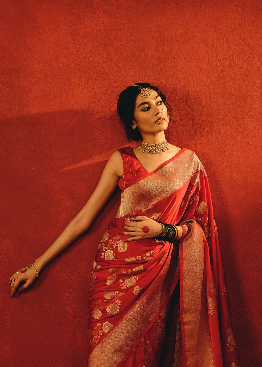 Red Viscose Saree with Heavy Zari Floral Work