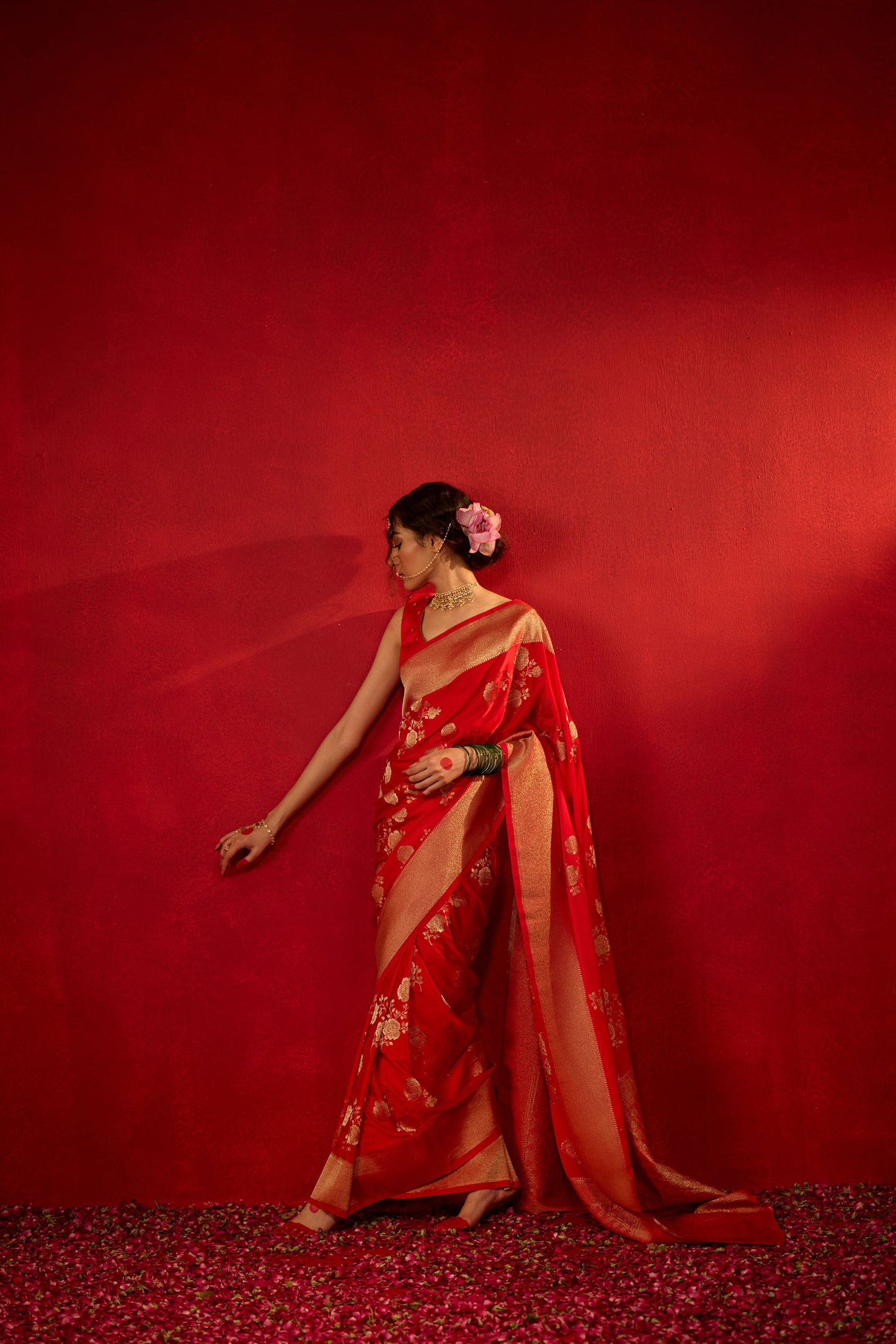 Red Viscose Saree with Heavy Zari Floral Work