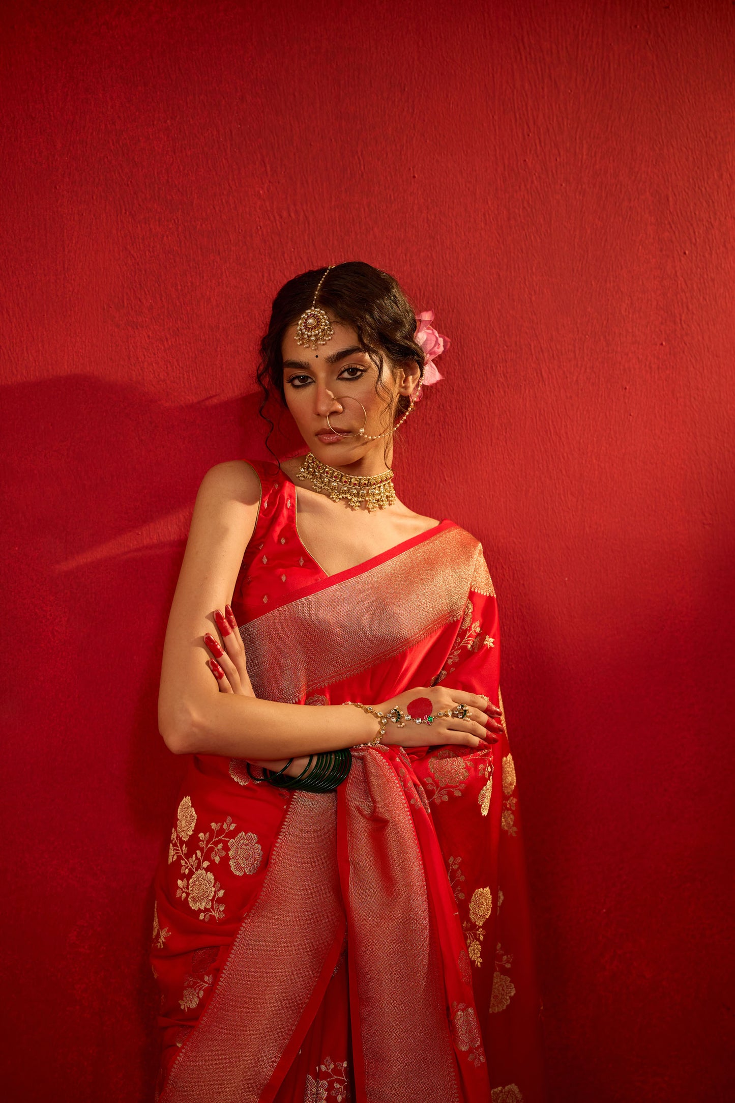 Red Viscose Saree with Heavy Zari Floral Work