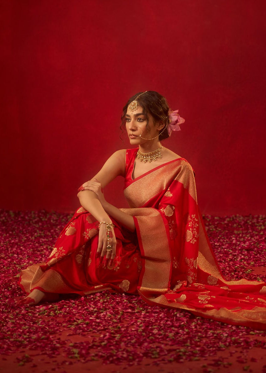 Red Viscose Saree with Heavy Zari Floral Work