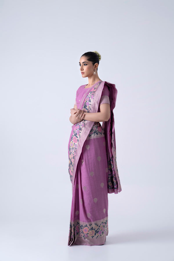 Lilac Viscose Saree With Overall Butti