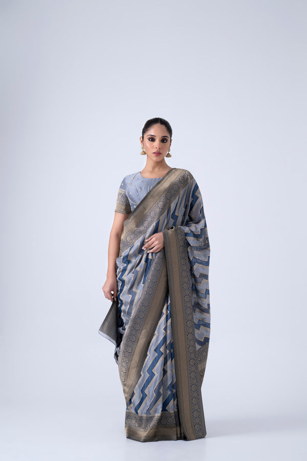 Blue And Grey Zigzag Pattern Viscose Saree