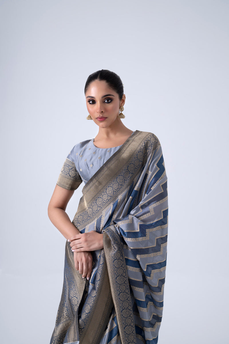 Blue And Grey Zigzag Pattern Viscose Saree