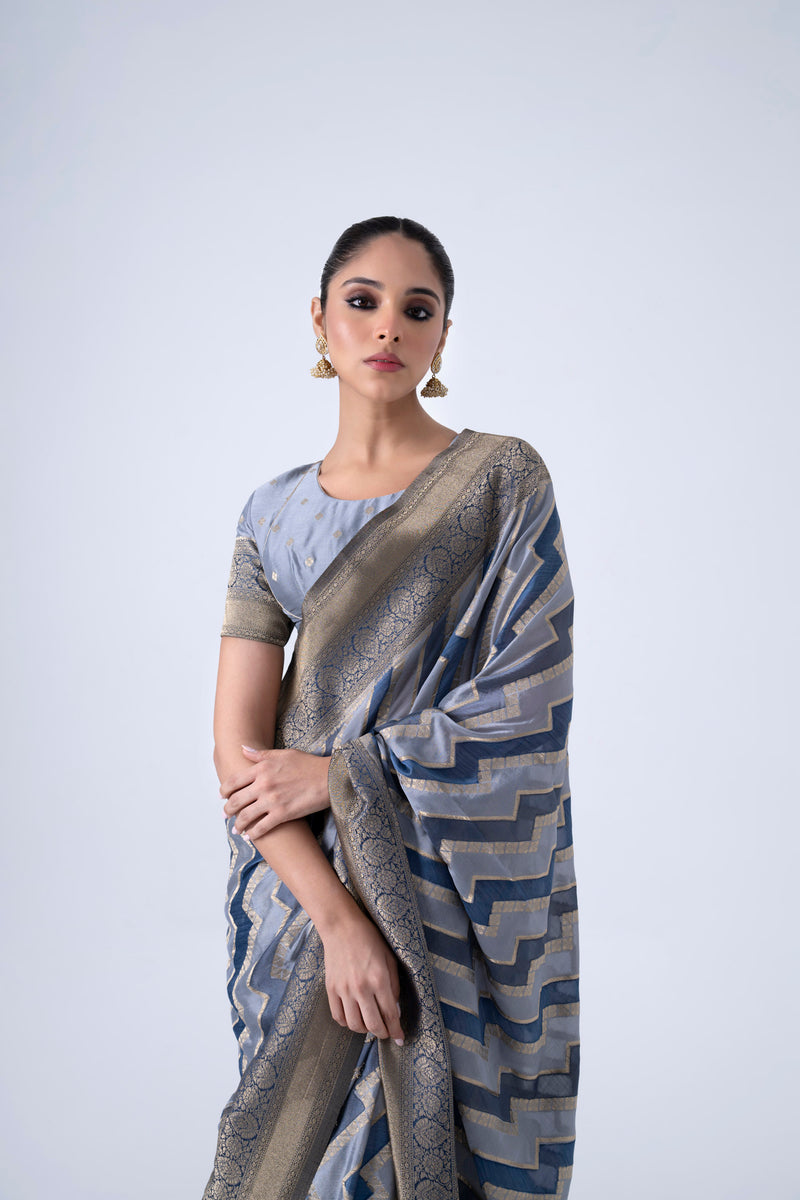 Blue And Grey Zigzag Pattern Viscose Saree