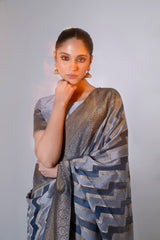 Blue And Grey Zigzag Pattern Viscose Saree