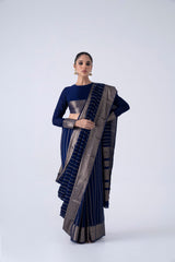 Navy blue crepe saree with stripes