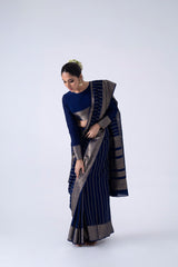 Navy blue crepe saree with stripes