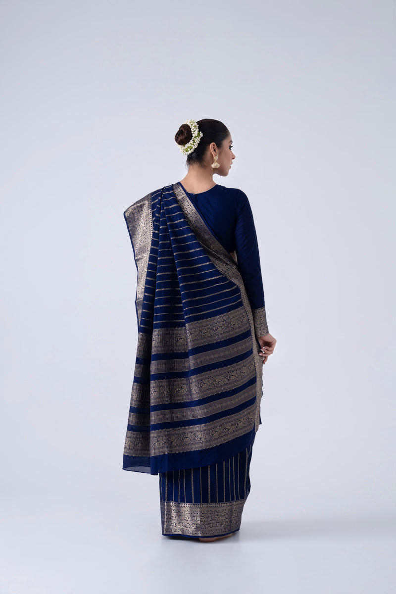 Navy blue crepe saree with stripes