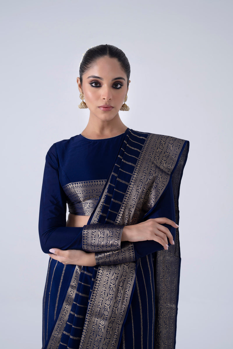 Navy blue crepe saree with stripes