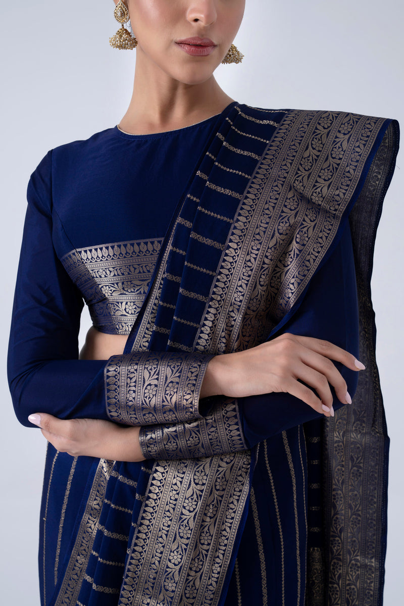 Navy blue crepe saree with stripes