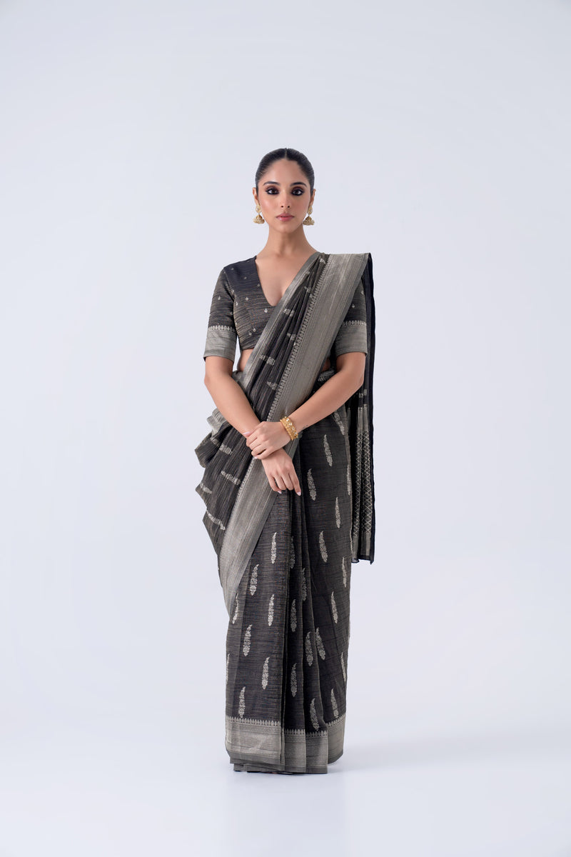 Black Silver Bansari Tissue Saree