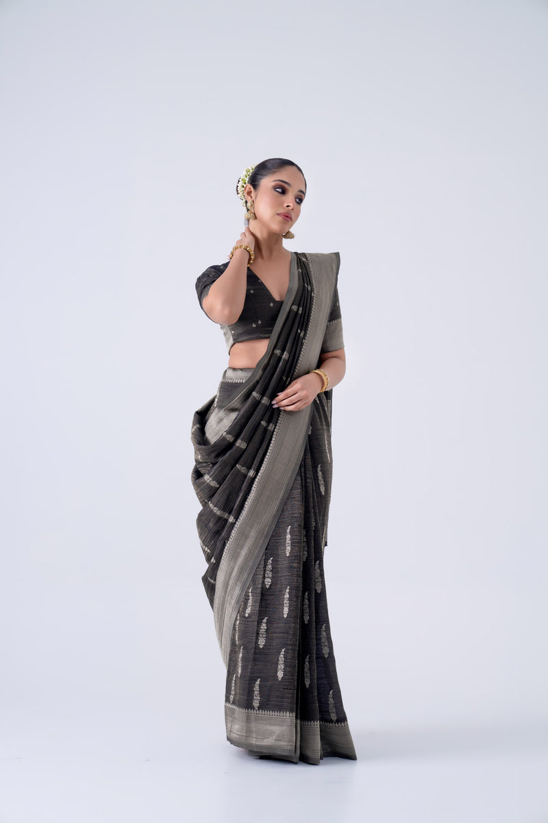 Black Silver Bansari Tissue Saree