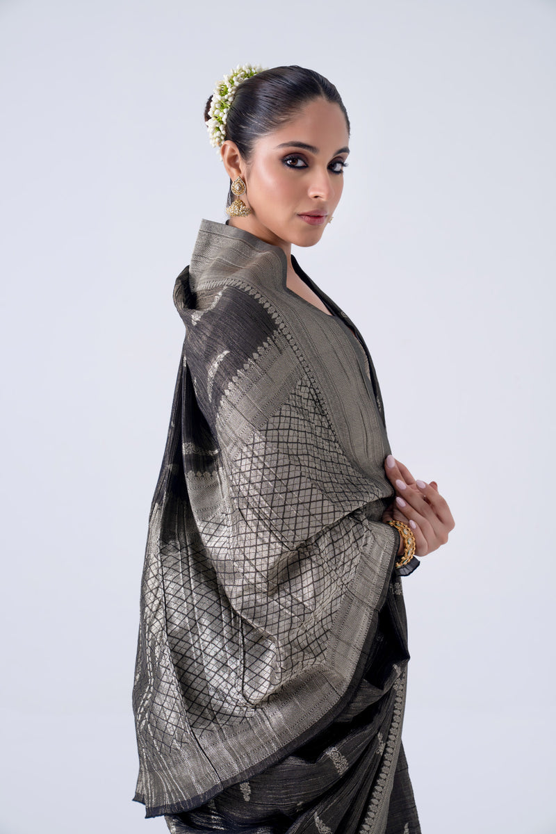 Black Silver Bansari Tissue Saree