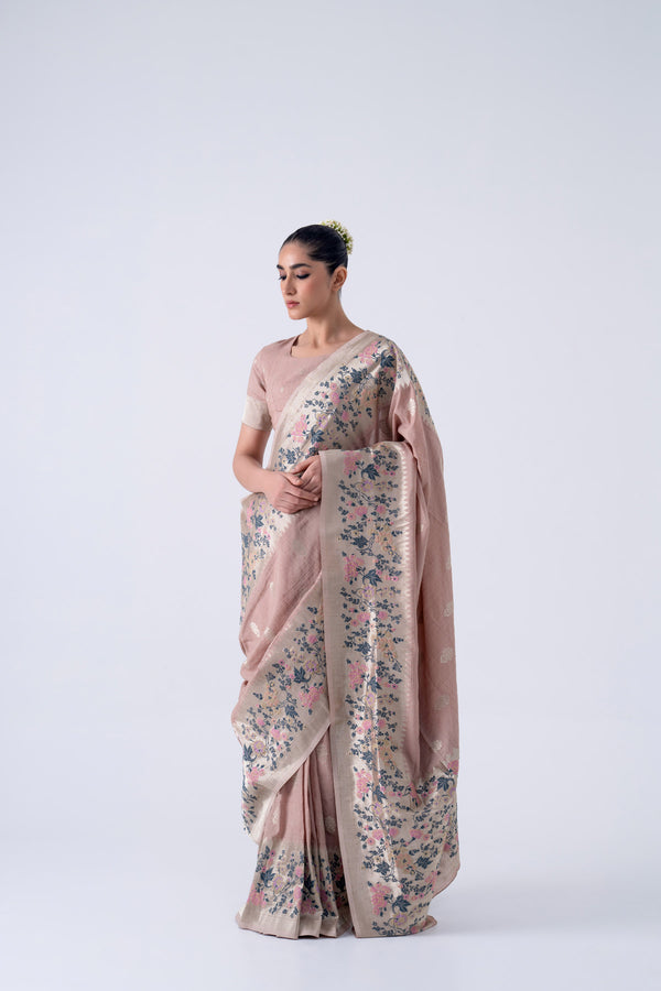 Dusty Pink Viscose Saree With Colourful Floral Border