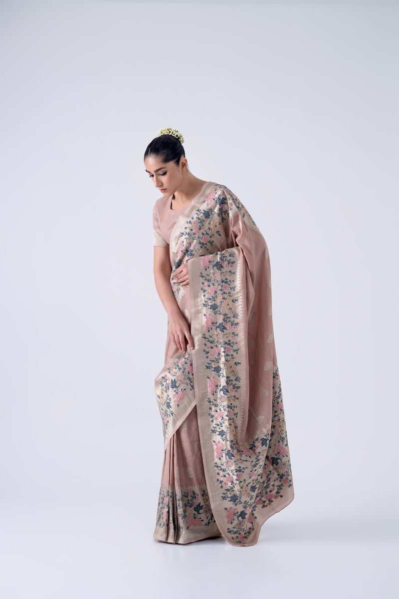 Dusty Pink Viscose Saree With Colourful Floral Border