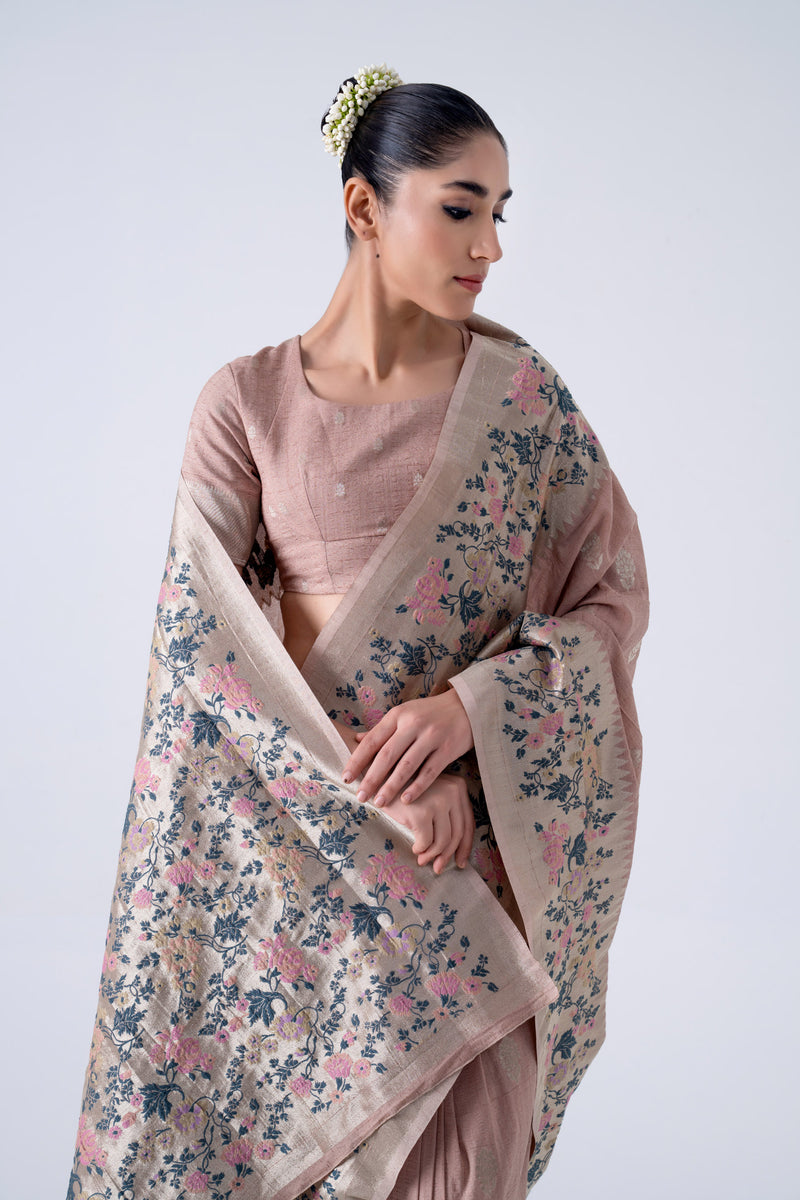 Dusty Pink Viscose Saree With Colourful Floral Border