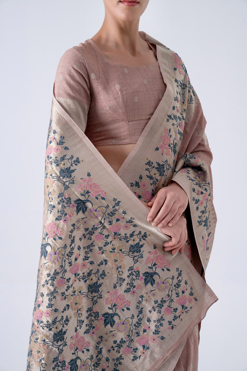 Dusty Pink Viscose Saree With Colourful Floral Border