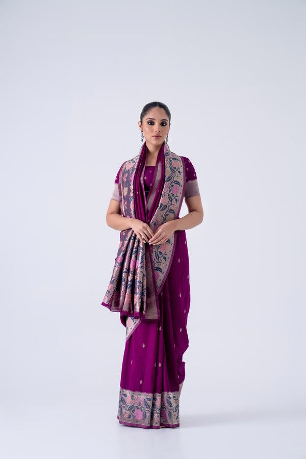 Purple Viscose Saree With Colourful Floral Border