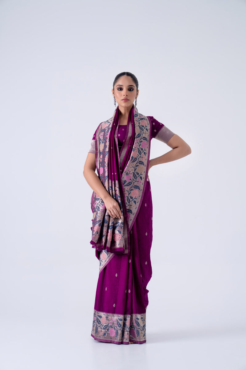 Purple Viscose Saree With Colourful Floral Border