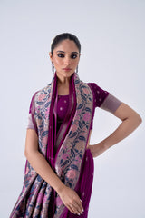 Purple Viscose Saree With Colourful Floral Border