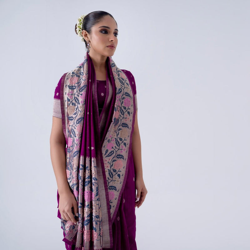 Purple Viscose Saree With Colourful Floral Border